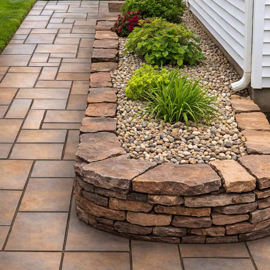 Paver walkway and raised natural stone wall landscaping installed by Torrington Connecticut hardscape contractor.