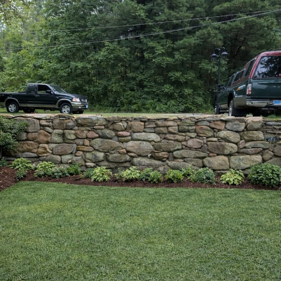 Stone retaining wall installed by hardscape contractor Cornerstone Patio and Wall in Torrington Connecticut serving Northwest CT, Western Massachusetts, and Eastern New York.